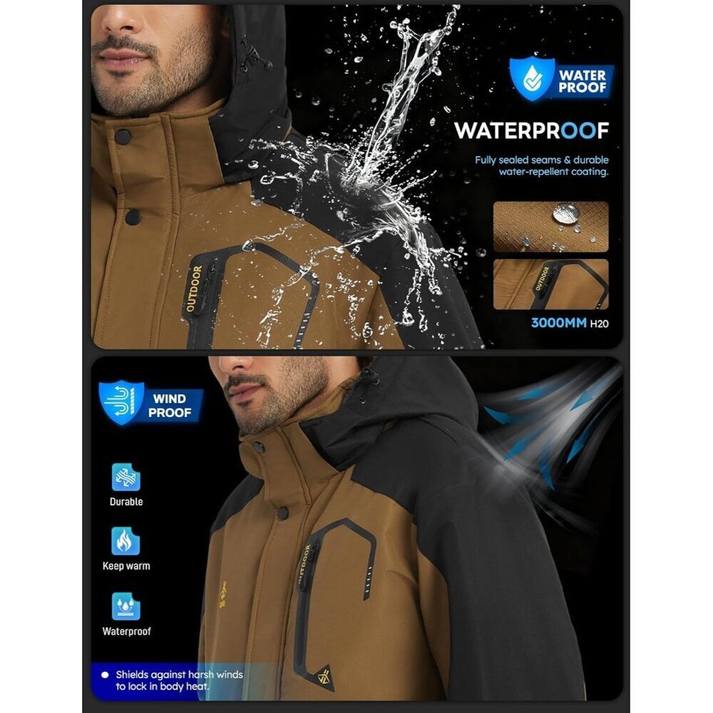 Men's Coffee 1 Waterproof Winter Warm Snow Coat Fleece Lined Hiking Ski Jacket - Picture 4 of 7